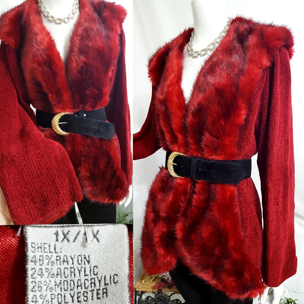 Vintage Lisa❤Red Oversized Faux Fur Silky Knitted Sweater Jacket